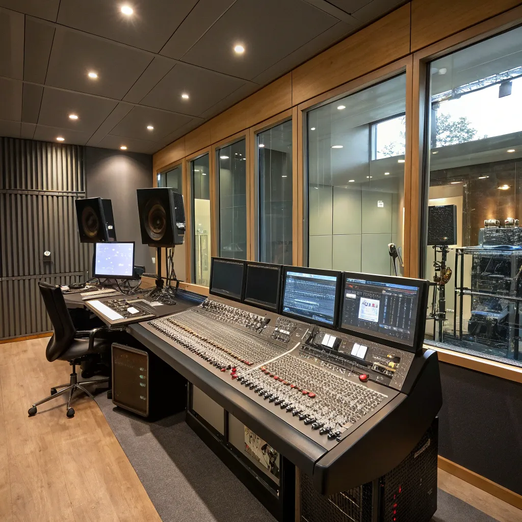 Professional recording studio with mixing console